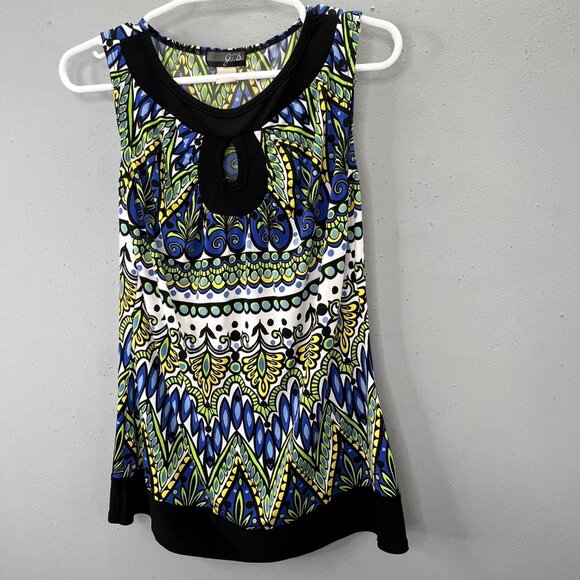 Vintage Y2K Top M Geometric Peacock Black Blue Green Keyhole Neck Sleeveless JTB - Picture 1 of 5